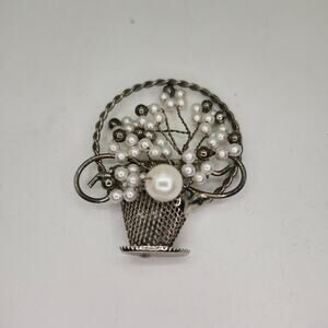 Vintage Faux Pearl Basket Brooch Pin Silver Tone Floral Bouquet Wedding Gift MCM